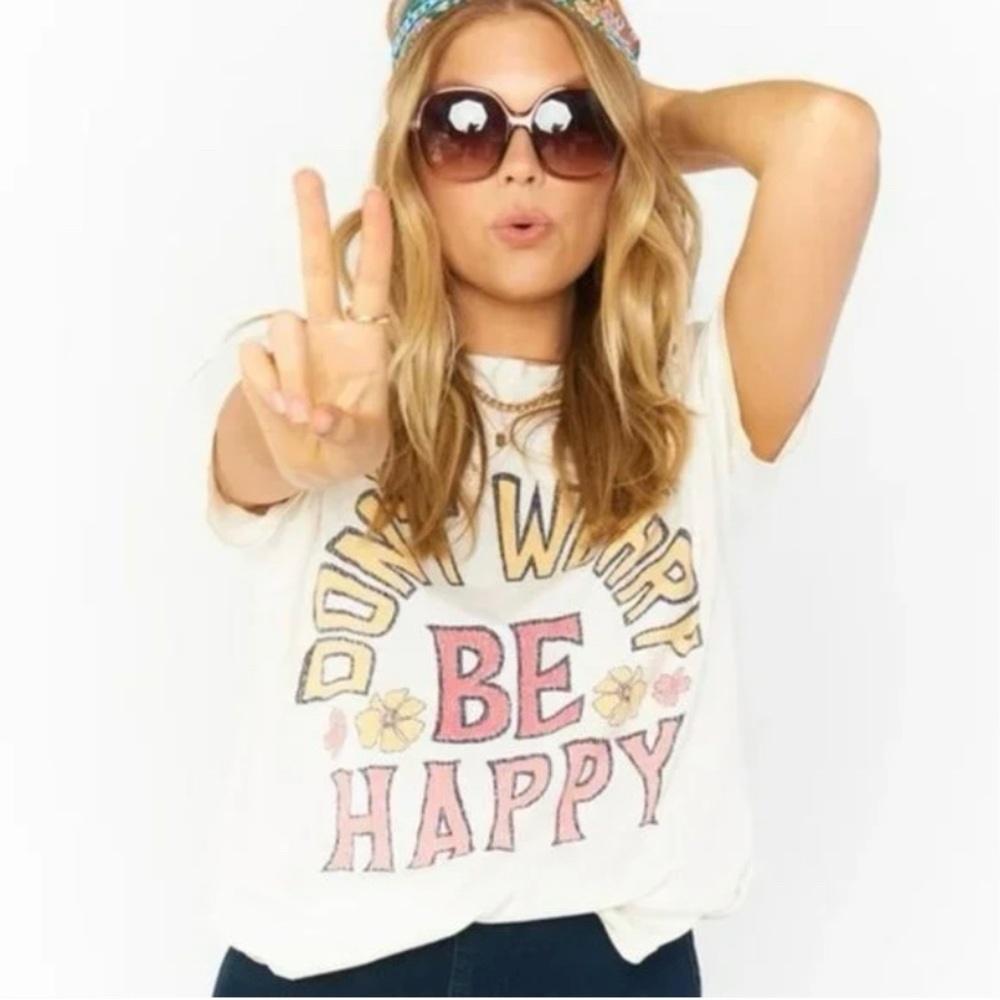 Show Me Your Mumu White Graphic 'Be Happy' Tee with Pink & Yellow Print
